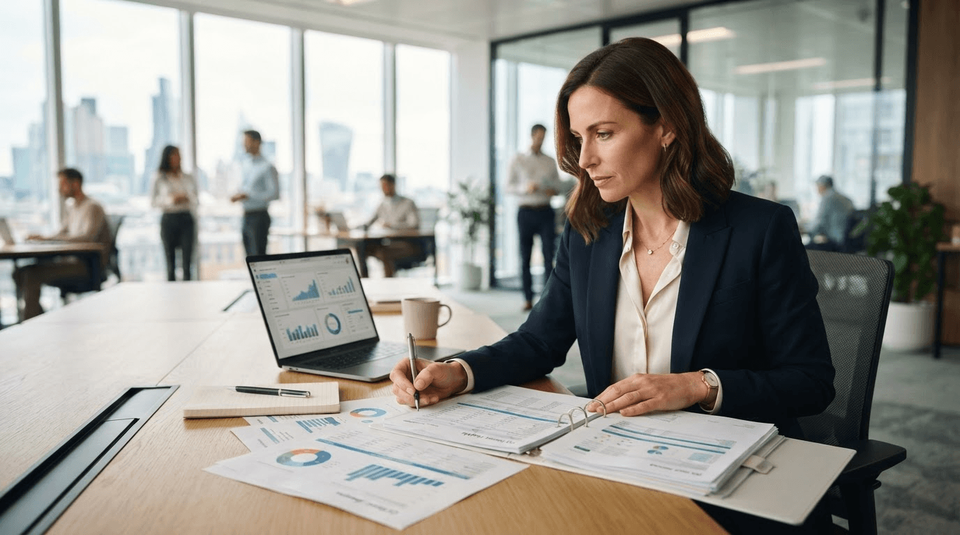 Business owner calculating profit margins with a calculator and ledger