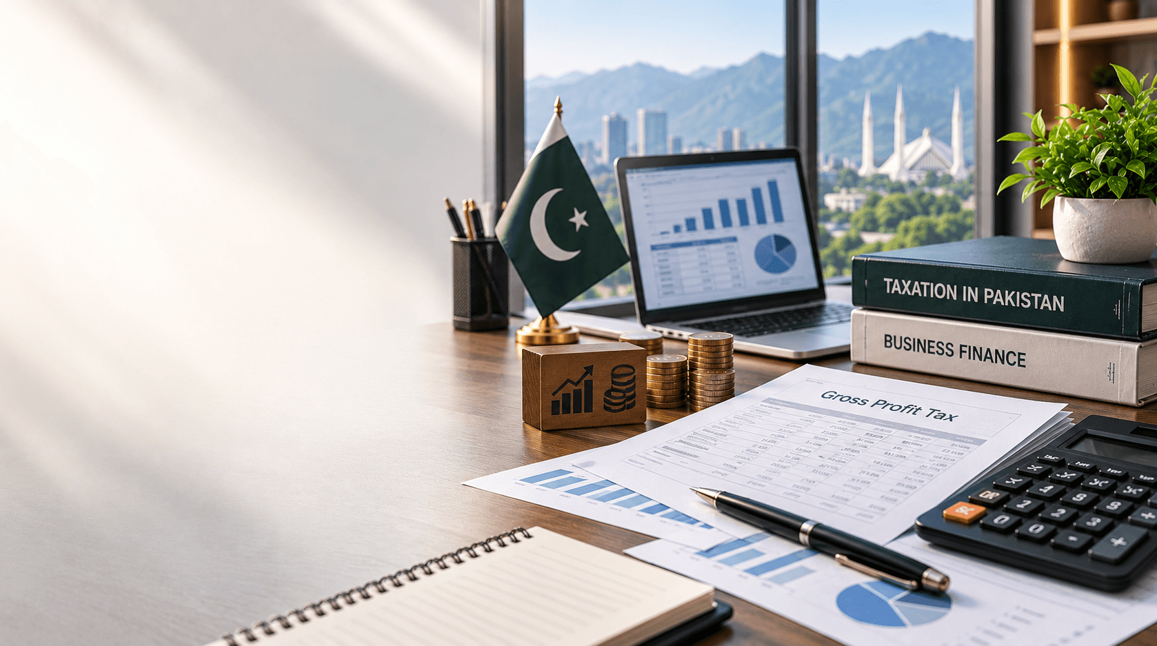 Business owner calculating profit margins with a calculator and ledger