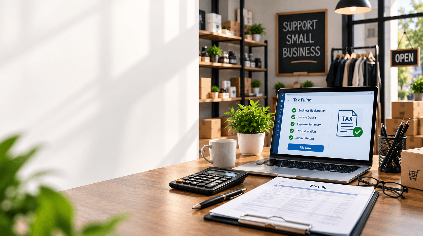 Small business owner filing taxes on a laptop at a shop counter